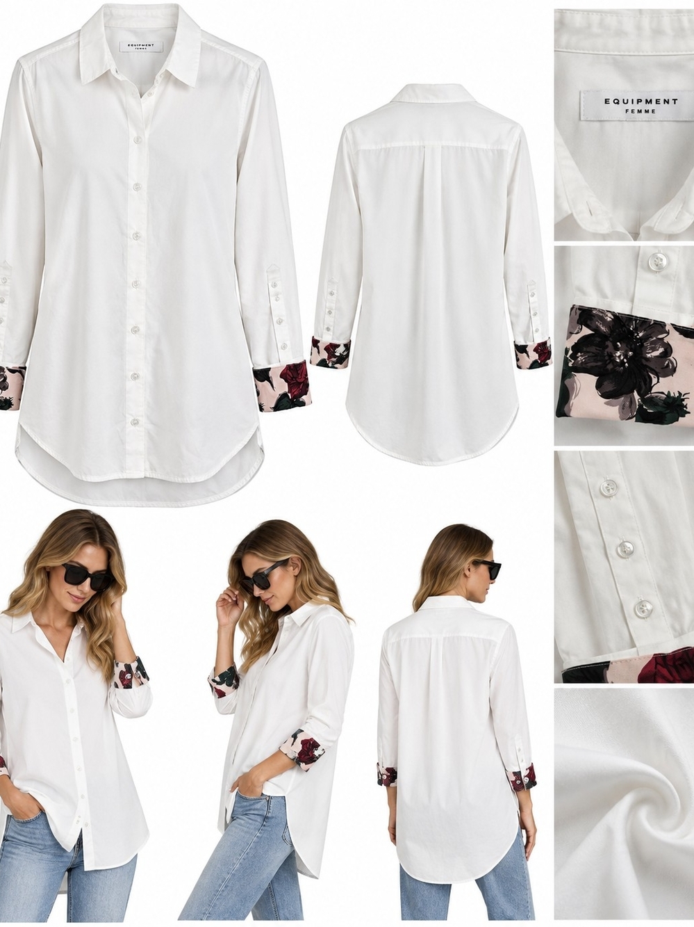 Equipment White Button-Down Tunic with Floral Cuff